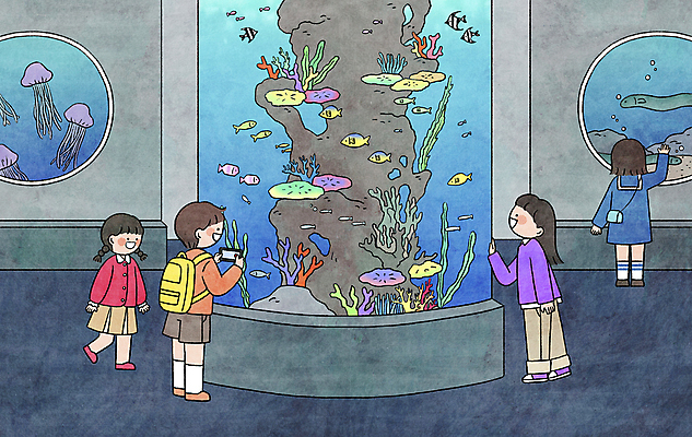 전신 PSD 여자 남자 어린이 여러마리 일러스트 어류 서기 들기 소녀 소년 여러명 스마트폰 소풍 사진촬영 해초 뱀장어 구경 수족관 해파리 아쿠아리움 어린이만 물고기떼 국내일러스트 다수 모션 사람 핸드폰 스마트기기 야외활동 촬영 수중동물 해조류 자포동물 민물고기 파일형식