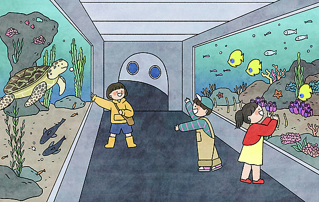 전신 PSD 여자 남자 어린이 여러마리 일러스트 어류 서기 소녀 소년 세명 소풍 수중동물 가리킴 해초 구경 수족관 아쿠아리움 바다거북 어린이만 국내일러스트 동물 다수 모션 사람 손짓 야외활동 해조류 거북이 파일형식