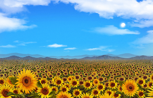 PSD 구름 백그라운드 꽃밭 일러스트 하늘 해바라기 산 풍경 사람없음 태양 맑음 국내일러스트 자연요소 꽃 날씨 파일형식