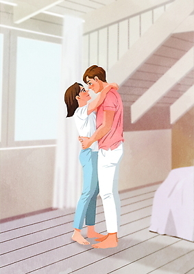 전신 PSD 커플 응시 여자 남자 행복 허리손 일러스트 안기 실내 사랑 서기 미소 성인 두명 마주보기 다정 성인만 어깨에손 국내일러스트 시선 감정 포즈 컨셉 관계 모션 표정 사람 내부 파일형식