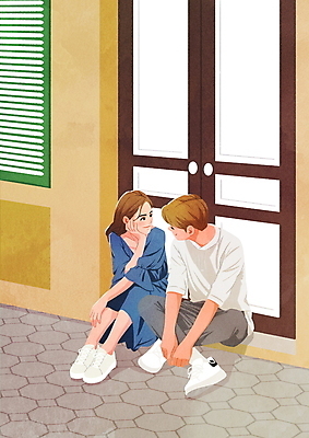 전신 PSD 커플 응시 여자 남자 행복 일러스트 거리 사랑 앉기 성인 두명 문 마주보기 턱괴기 다정 성인만 국내일러스트 시선 감정 컨셉 관계 모션 사람 파일형식