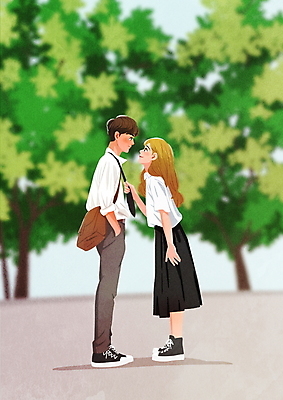 전신 PSD 나무 커플 응시 여자 남자 행복 일러스트 넥타이 사랑 서기 미소 성인 두명 마주보기 다정 잡기 주머니손 크로스백 성인만 국내일러스트 식물 시선 잡화 감정 컨셉 가방 관계 모션 표정 사람 파일형식