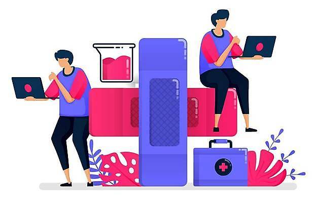 EPS 해외이미지 전신 남자 십자가 일러스트 건강 들기 앉기 성인 두명 치료 노트북 반창고 풀잎 구급상자 비커 물약 성인남자만 해외일러스트 잎 의학 모션 실험기구 사람 전자제품 약 의료용품 풀_식물 남자만 성인만 파일형식 벡터 이미지허브