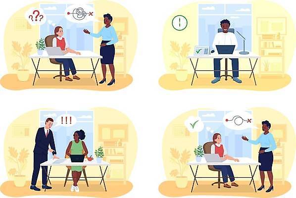 EPS 해외이미지 전신 여자 남자 흑인 일러스트 스트레스 직장 대화 앉기 여러명 성인 사무실 노란색 가리킴 업무 비즈니스맨 비즈니스우먼 만화 책상 동료 경영 성인만 해외일러스트 서양인 컬러 가구 다수 회사 비즈니스 관계 모션 말하기 사람 손짓 작업 직장인 파일형식 벡터 이미지허브