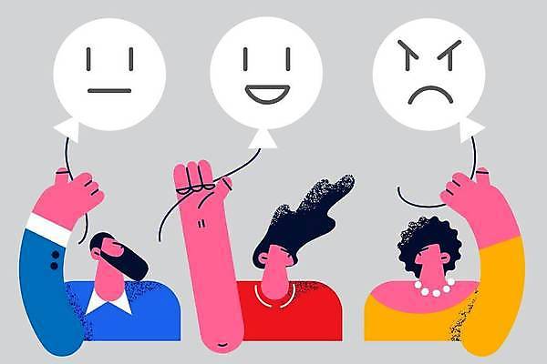 EPS 해외이미지 전신 라이프스타일 응시 여자 남자 감정 일러스트 무표정 웃음 들기 상반신 성인 세명 분노 풍선 성인만 해외일러스트 시선 모션 표정 사람 생활 파일형식 벡터 이미지허브