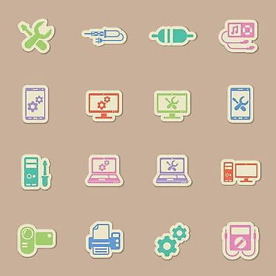 EPS 해외이미지 스티커 일러스트 사람없음 노트북 스마트폰 세트 컬러풀 라벨 모니터 MP3 인쇄기 톱니바퀴 캠코더 해외일러스트 컬러 프레임 전자제품 핸드폰 스마트기기 컴퓨터 카메라 파일형식 벡터 이미지허브