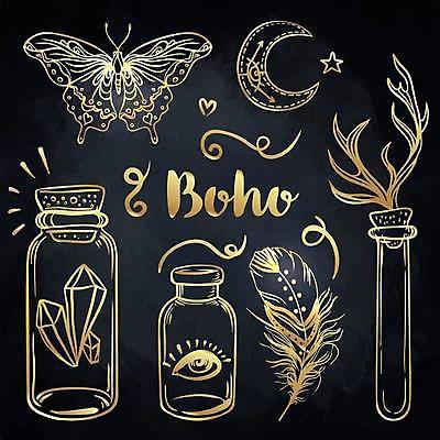 EPS 해외이미지 한마리 별 나비 일러스트 유리병 사람없음 검은색 금색 달 하트 보석 라인아트 깃털 사슴뿔 보헤미아 히피 해외일러스트 자연요소 모양 1 선 컬러 곤충 병_용기 뿔 광석 파일형식 벡터 이미지허브