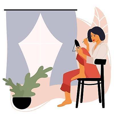 EPS 해외이미지 여자 화분 화초 의자 일러스트 한명 들기 앉기 성인 화장 뷰티 건강관리 커튼 손거울 성인여자한명만 해외일러스트 식물 1 가구 모션 건강 관리 사람 거울 여자한명만 성인여자만 파일형식 벡터 이미지허브