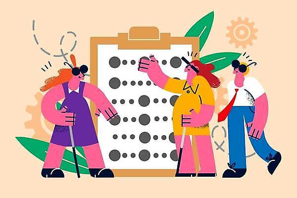 EPS 해외이미지 전신 라이프스타일 여자 남자 잎 일러스트 들기 성인 세명 선글라스 만지기 톱니바퀴 손뻗기 서류판 시각장애인 점자 성인만 흰지팡이 해외일러스트 식물 안경 모션 지팡이 사람 생활 사무용품 장애인 파일형식 벡터 이미지허브