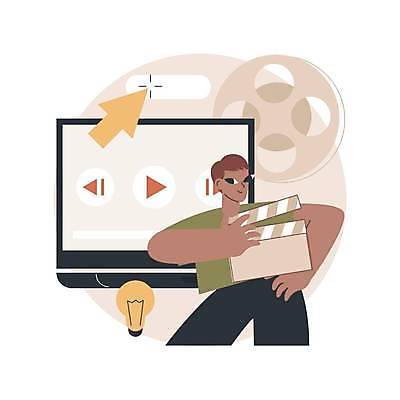 EPS 해외이미지 남자 허리손 일러스트 전구 한명 들기 상반신 성인 원형 클래퍼보드 커서 동영상창 베이지색 비디오아티스트 성인남자한명만 영상편집 해외일러스트 도형 1 컬러 포즈 모션 사람 동영상 아티스트 남자한명만 성인남자만 파일형식 벡터 이미지허브