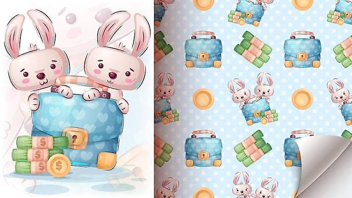 EPS 해외이미지 패턴 가방 일러스트 사람없음 귀여움 동전 돈다발 토끼캐릭터 잠금 해외일러스트 잡화 동물캐릭터 컨셉 돈 무늬 토끼 보안 파일형식 벡터 이미지허브
