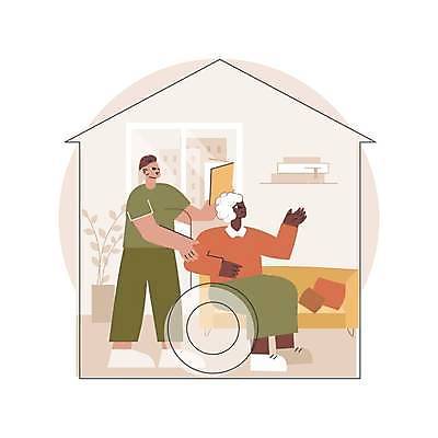 EPS 해외이미지 전신 여자 노년 남자 아들 할머니 일러스트 비즈니스 창문 주택 서기 들기 앉기 성인 두명 책 소파 손들기 휠체어 성인만 집모양 해외일러스트 모양 의자 가족 모션 사람 건물 파일형식 벡터 이미지허브