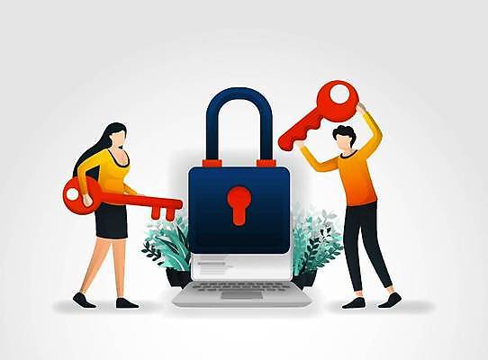 EPS 해외이미지 전신 여자 남자 화분 화초 일러스트 비즈니스 열쇠 자물쇠 들기 성인 두명 노트북 스마트 성인만 해외일러스트 식물 컨셉 모션 사람 전자제품 파일형식 벡터 이미지허브