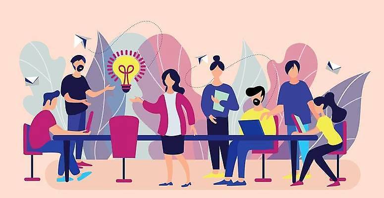 EPS 해외이미지 전신 여자 남자 의자 일러스트 전구 회의 협력 서기 들기 앉기 여러명 성인 비즈니스맨 비즈니스우먼 종이비행기 책상 동료 얼굴없음 성인만 해외일러스트 가구 다수 비즈니스 관계 모션 사람 직장인 종이접기 파일형식 벡터 이미지허브