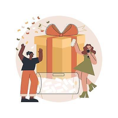 EPS 해외이미지 전신 여자 남자 일러스트 서기 들기 이벤트 성인 두명 선물상자 만세 원형 상품 마이크 꽃가루 당첨 베이지색 뽑기 성인만 해외일러스트 도형 컬러 음향기기 모션 선물 사람 상자 가루 파일형식 벡터 이미지허브