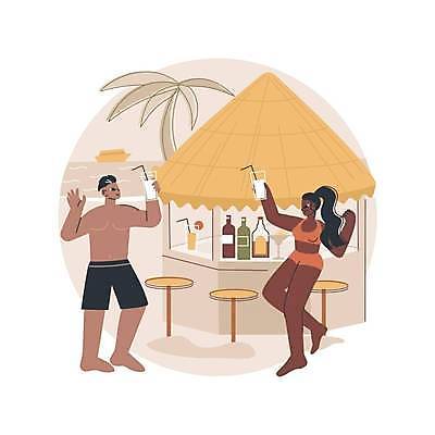 EPS 해외이미지 전신 여자 남자 수영복 의자 일러스트 술병 잔 서기 들기 성인 해변 두명 야자수 칵테일 바 선술집 베이지색 성인만 해외일러스트 나무 식기 옷 바다 컬러 가구 모션 병_용기 주류 사람 술집 파일형식 벡터 이미지허브