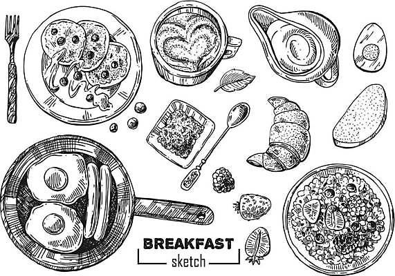 EPS 해외이미지 디자인 빵 포크 일러스트 딸기 사람없음 샐러드 프라이팬 소시지 아침식사 커피잔 계란프라이 스케치 크루아상 그림 팬케이크 해외일러스트 식기 커피 음식 과일 주방용품 잔 미술 케이크 식사 가공식품 계란요리 파일형식 벡터 이미지허브