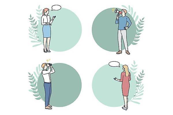 EPS 해외이미지 전신 여자 남자 말풍선 일러스트 비즈니스 들기 여러명 성인 초록색 확성기 비즈니스맨 비즈니스우먼 원형 풀잎 성인만 해외일러스트 도형 컬러 다수 잎 모션 사람 직장인 풀_식물 파일형식 벡터 이미지허브