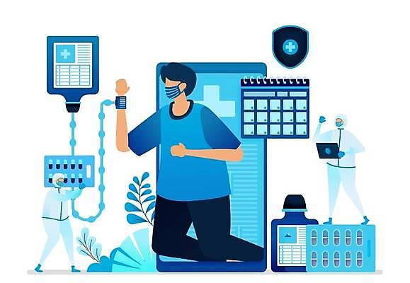 EPS 해외이미지 전신 남자 일러스트 건강 마스크 들기 성인 세명 파란색 스마트폰 태블릿 알약 환자 의료진 달력 연결 서류판 전염병 성인남자만 해외일러스트 직업 컬러 의학 모션 사람 전자제품 핸드폰 스마트기기 약 사무용품 질병 남자만 성인만 파일형식 벡터 이미지허브