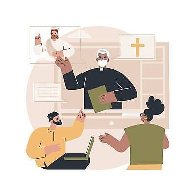 EPS 해외이미지 여자 남자 십자가 말풍선 일러스트 들기 앉기 여러명 상반신 성인 노트북 성경 가리킴 예수 목사 동영상창 베이지색 성인만 온라인예배 해외일러스트 컬러 다수 종교용품 모션 사람 손짓 전자제품 신_종교 성직자 예배 동영상 파일형식 벡터 언택트 이미지허브