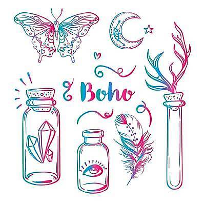 EPS 해외이미지 별 분홍색 일러스트 유리병 사람없음 파란색 달 하트 보석 라인아트 깃털 사슴뿔 보헤미아 히피 해외일러스트 자연요소 모양 선 컬러 병_용기 뿔 광석 파일형식 벡터 이미지허브