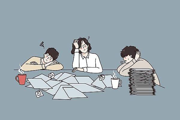 EPS 해외이미지 라이프스타일 여자 남자 커피 엎드리기 일러스트 스트레스 피곤 앉기 상반신 성인 일상 세명 비즈니스맨 비즈니스우먼 찡그림 커피잔 문서 업무과다 서류더미 종이뭉치 성인만 해외일러스트 종이 음료 컨셉 비즈니스 모션 잔 표정 사람 라이프 생활 업무 직장인 뭉치 파일형식 벡터 더미 이미지허브