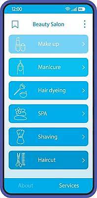 EPS 해외이미지 디자인 컨셉 일러스트 모바일 사람없음 파란색 스마트폰 화장 뷰티 상점 디지털 스크린 스파 플랫 어플리케이션 미용실 손톱관리 이발 서비스 피부관리 레이아웃 매니큐어 면도 UI 머리염색 엘리먼트 인터페이스 자기관리 목업 해외일러스트 컬러 모션 핸드폰 스마트기기 화장품 뷰티샵 네일아트 염색 파일형식 벡터 이미지허브