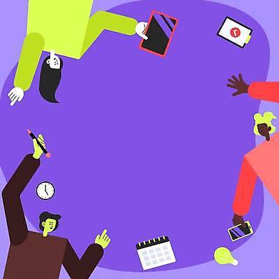 EPS 해외이미지 여자 남자 백그라운드 일러스트 비즈니스 전구 프레임 들기 성인 세명 스마트폰 태블릿 펜 손들기 보라색 비즈니스맨 비즈니스우먼 서류판 성인만 카피스페이스 해외일러스트 컬러 모션 사람 전자제품 핸드폰 스마트기기 필기구 사무용품 공백 직장인 파일형식 벡터 이미지허브