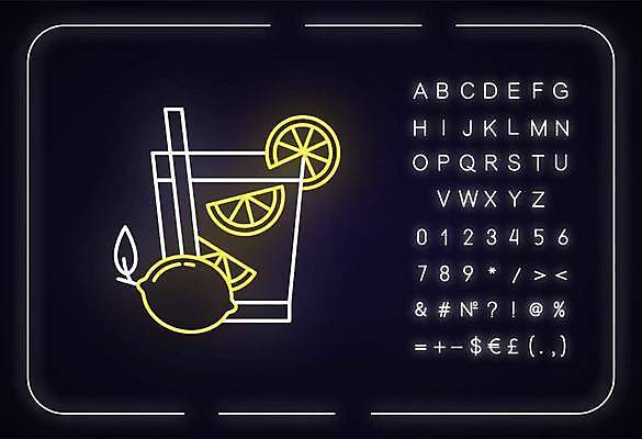 EPS 해외이미지 알파벳 선 조각 백그라운드 술잔 일러스트 빨대 타이포그라피 사람없음 칵테일 화려 레몬 심볼 슬라이스 네온 형광등 해외일러스트 문자 영어 컨셉 과일 전등 잔 주류 파일형식 벡터 이미지허브