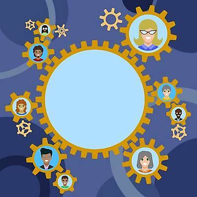 EPS 해외이미지 여자 남자 얼굴 백그라운드 컨셉 일러스트 비즈니스 프레임 여러명 성인 파란색 비즈니스맨 비즈니스우먼 원형 플랫 톱니바퀴 성인만 카피스페이스 해외일러스트 도형 컬러 다수 사람 신체부위 공백 직장인 파일형식 벡터 이미지허브