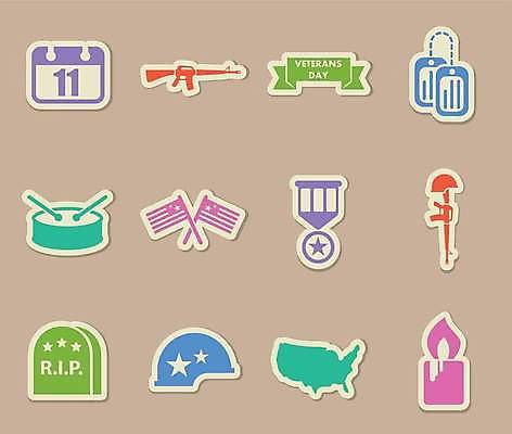 EPS 해외이미지 스티커 일러스트 초 사람없음 세트 컬러풀 라벨 미국 총 달력 깃발 비석 메달 북 재향군인의날 해외일러스트 무기 컬러 북아메리카 타악기 프레임 상_상패 파일형식 벡터 법정기념일 이미지허브