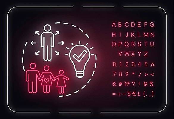 EPS 해외이미지 알파벳 화살표 선 백그라운드 일러스트 전구 여러명 타이포그라피 손잡기 화려 심볼 체크표시 네온 형광등 장점 해외일러스트 문자 영어 다수 컨셉 모션 전등 사람 확인 파일형식 벡터 이미지허브