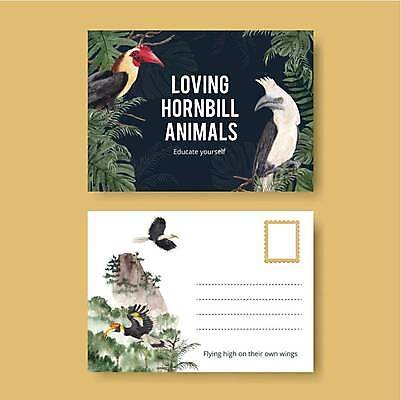 EPS 해외이미지 식물 디자인 잎 여러마리 일러스트 바위산 산 타이포그라피 사람없음 초록색 검은색 비행 엽서 열대잎 코뿔새 보테니컬아트 해외일러스트 문자 컬러 다수 조류 돌산 편지 파일형식 벡터 이미지허브