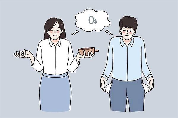 EPS 해외이미지 라이프스타일 여자 남자 말풍선 지폐 일러스트 들기 상반신 성인 두명 일상 회색 비즈니스맨 비즈니스우먼 지갑 주머니 가난 빈털터리 거지 성인만 해외일러스트 컬러 컨셉 돈 비즈니스 모션 사람 라이프 생활 직장인 파일형식 벡터 이미지허브