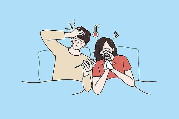 EPS 해외이미지 라이프스타일 커플 여자 남자 하늘색 일러스트 베개 들기 상반신 성인 두명 일상 이불 고통 열 온도계 두통 감기약 성인만 코풀기 해외일러스트 감정 관계 침구 모션 사람 라이프 생활 파란색 약 질병 파일형식 벡터 이미지허브