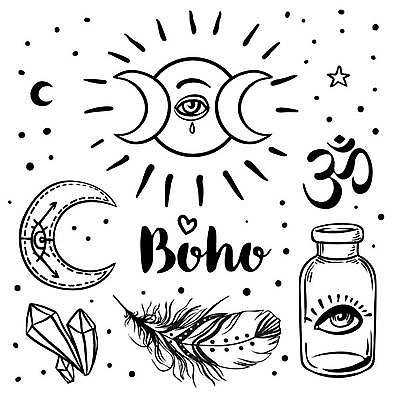 EPS 해외이미지 별 일러스트 유리병 사람없음 달 하트 점 보석 라인아트 깃털 눈물 보헤미아 히피 해외일러스트 자연요소 모양 감정 선 병_용기 광석 파일형식 벡터 이미지허브