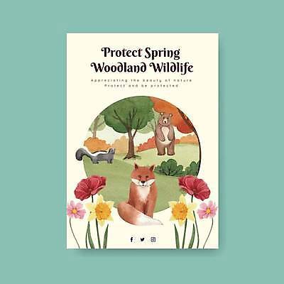 EPS 해외이미지 나무 꽃 포스터 일러스트 곰 세마리 사람없음 연두색 봄 숲속 여우 스컹크 해외일러스트 식물 동물 계절 포유류 3 초록색 숲 파일형식 벡터 이미지허브