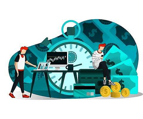 EPS 해외이미지 전신 남자 시계 백그라운드 지폐 일러스트 비즈니스 그래프 성인 두명 노트북 모니터 동전 신용카드 책상 투자 성인남자만 해외일러스트 가구 돈 사람 금융 전자제품 컴퓨터 남자만 성인만 파일형식 벡터 이미지허브