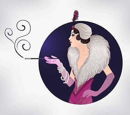 EPS 해외이미지 디자인 드레스 여자 허리손 일러스트 한명 들기 성인 보라색 빈티지 화려 깃털 복고 담뱃대 스타일 성인여자한명만 해외일러스트 1 옷 컬러 포즈 컨셉 모션 담배 사람 여자한명만 성인여자만 파일형식 벡터 이미지허브