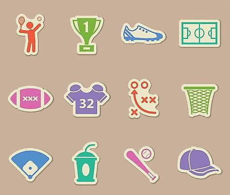 EPS 해외이미지 스티커 일러스트 사람모양 사람없음 세트 컬러풀 라벨 야구방망이 트로피 골대 야구공 럭비공 축구화 야구장 농구장 캡모자 해외일러스트 모양 모자_잡화 컬러 운동화 공 축구용품 스포츠시설 프레임 야구용품 상_우승 럭비용품 파일형식 벡터 이미지허브