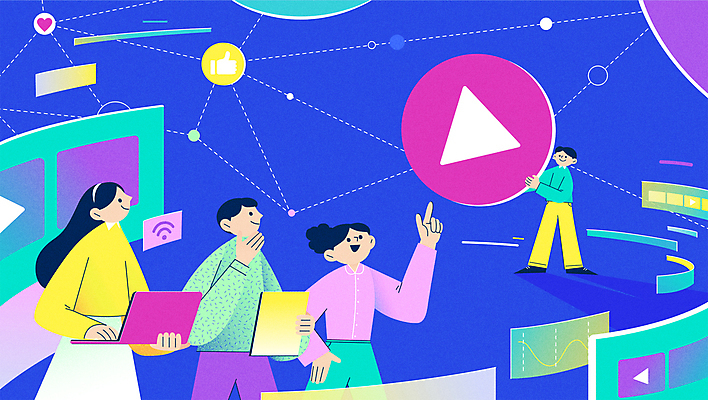 전신 여자 남자 점선 허리손 일러스트 정보기술 서기 들기 여러명 상반신 성인 파란색 노트북 과학기술 가리킴 재생 동영상 소셜네트워크 성인만 알고리즘 AI_인공지능 국내일러스트 AI파일 선 컬러 포즈 다수 모션 기술 사람 손짓 전자제품 파일형식 벡터