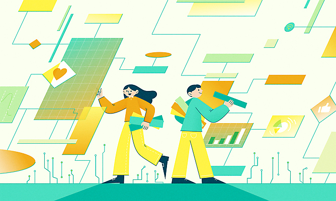 전신 여자 남자 조각 일러스트 비즈니스 그래프 정보기술 서기 들기 성인 두명 과학기술 하트 회로판 손모양 따봉 맞추기 성인만 알고리즘 AI_인공지능 국내일러스트 AI파일 모양 모션 기술 사람 최고 파일형식 벡터 손_신체부위