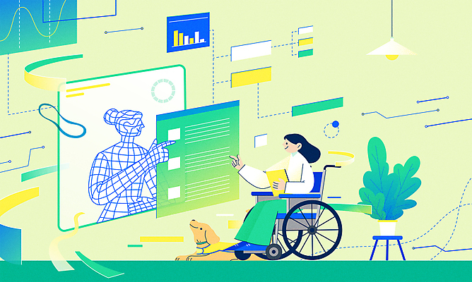 전신 식물 한마리 여자 화분 일러스트 그래프 사람모양 정보기술 한명 들기 앉기 성인 연두색 스크린 과학기술 가리킴 도움 강아지 장애인 스마트 휠체어 도우미 안내견 홀로그램 성인여자한명만 알고리즘 AI_인공지능 국내일러스트 AI파일 모양 1 컨셉 모션 기술 사람 손짓 초록색 반려동물 개 장애 여자한명만 성인여자만 파일형식 벡터