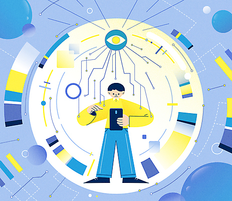 전신 남자 일러스트 정보기술 한명 서기 들기 성인 파란색 스마트폰 과학기술 원형 회로판 눈모양 갇힘 부정적 성인남자한명만 알고리즘 빅브라더 AI_인공지능 국내일러스트 AI파일 모양 도형 1 감정 컬러 모션 기술 사람 핸드폰 스마트기기 남자한명만 성인남자만 파일형식 벡터 독점