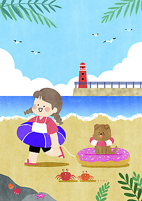 전신 PSD 구름 여자 어린이 여러마리 일러스트 갈매기 조개 휴식 나뭇잎 불가사리 등대 함께함 한명 소녀 해변 여름 여름휴가 바캉스 반려동물 모래사장 걷기 여름풍경 꽃게 잡기 당기기 강아지 즐거움 힐링 튜브 소녀한명만 국내일러스트 펫캉스 자연요소 동물 1 계절 감정 바다 다수 컨셉 잎 모션 조류 휴가 어패류 극피동물 사람 풍경 게 개 여자한명만 소녀만 파일형식 여름_계절