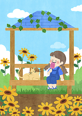 전신 PSD 구름 한마리 여자 어린이 일러스트 양갈래머리 하늘 휴식 해바라기 아이스크림 한명 앉기 소녀 여름 여름휴가 바캉스 반려동물 고양이 여름풍경 덩굴 먹기 정자 힐링 막대아이스크림 소녀한명만 반려묘 국내일러스트 펫캉스 자연요소 식물 동물 1 헤어스타일 건축물 계절 꽃 컨셉 포유류 모션 휴가 디저트 사람 풍경 여자한명만 소녀만 파일형식 여름_계절