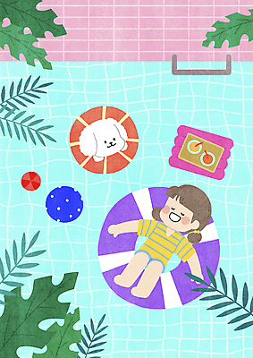 전신 PSD 한마리 여자 음료 어린이 일러스트 휴식 나뭇잎 수영장 함께함 쟁반 한명 소녀 여름 여름휴가 바캉스 반려동물 눕기 눈감음 여름풍경 잠 강아지 떠있는 비치볼 힐링 튜브 야자수잎 소녀한명만 국내일러스트 펫캉스 동물 1 계절 컨셉 잎 공 모션 휴가 바캉스용품 사람 풍경 개 여자한명만 소녀만 파일형식 여름_계절