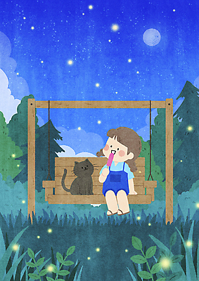 전신 PSD 나무 한마리 여자 별 어린이 일러스트 밤하늘 휴식 한명 들기 앉기 소녀 여름 파란색 여름휴가 바캉스 반려동물 고양이 여름풍경 올려보기 보름달 풀 야간 숲속 구경 힐링 그네의자 막대아이스크림 반딧불이 소녀한명만 반려묘 국내일러스트 자연요소 식물 동물 1 계절 컬러 곤충 컨셉 의자 포유류 모션 하늘 휴가 아이스크림 사람 풍경 달 숲 여자한명만 소녀만 파일형식 여름_계절