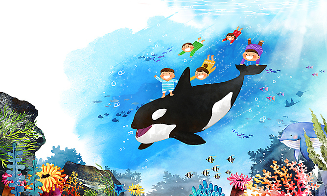 전신 PSD 여자 남자 어린이 바다 일러스트 함께함 매달리기 어류 서기 소녀 소년 여러명 친구 바닷속 수영 우정 바위 해초 산호초 어린이날 고래 열대어 즐거움 어린이상상 범고래 어린이만 동심 국내일러스트 기념일 감정 다수 컨셉 포유류 관계 모션 상상 사람 수중 수중동물 돌_바위 수상스포츠 수중식물 해조류 파일형식