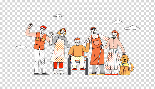 전신 구름 편집 편집이미지 한마리 여자 남자 행복 함께함 서기 웃음 누끼 앉기 여러명 성인 손들기 물방울무늬 주황색 앞치마 화목 잡기 강아지 자원봉사자 장애인 휠체어 손인사 PNG 비장애인 시각장애인 안내견 성인만 안경낌 어깨에손 편집소스 흰지팡이 장애인복지 자연요소 1 감정 안경 컬러 다수 컨셉 무늬 모션 지팡이 표정 사람 반려동물 인사 개 복지 장애 파일형식